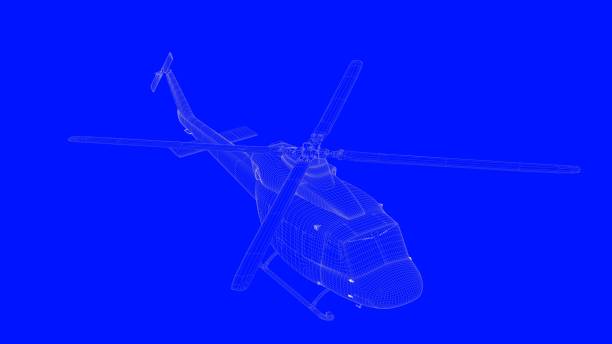 istock 3d rendering of a blue print helicopter  in white lines on a blue background 869673490