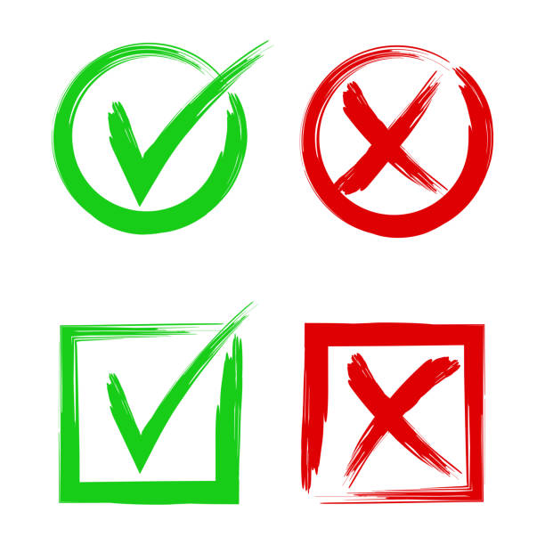zaznaczyć i krzyż znaki. symbole tak i nie, akceptują lub odrzucaj przyciski wektorowe symboli. - check mark approved choice brush stroke stock illustrations