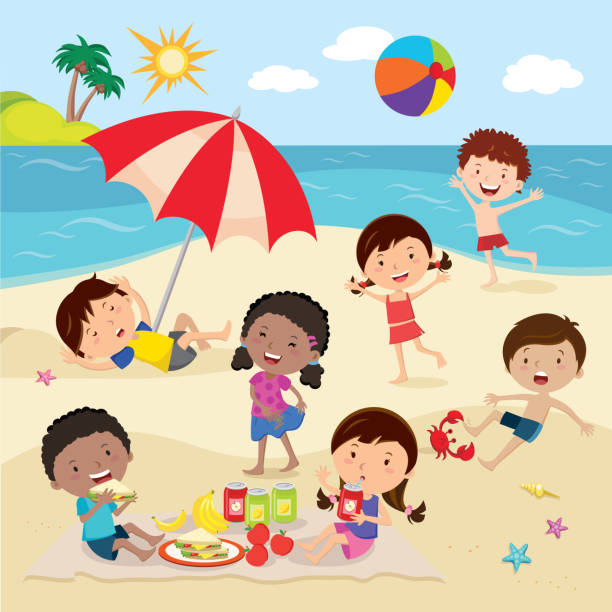illustrazioni stock, clip art, cartoni animati e icone di tendenza di bambini felici che si divertono sulla spiaggia - bambini spiaggia