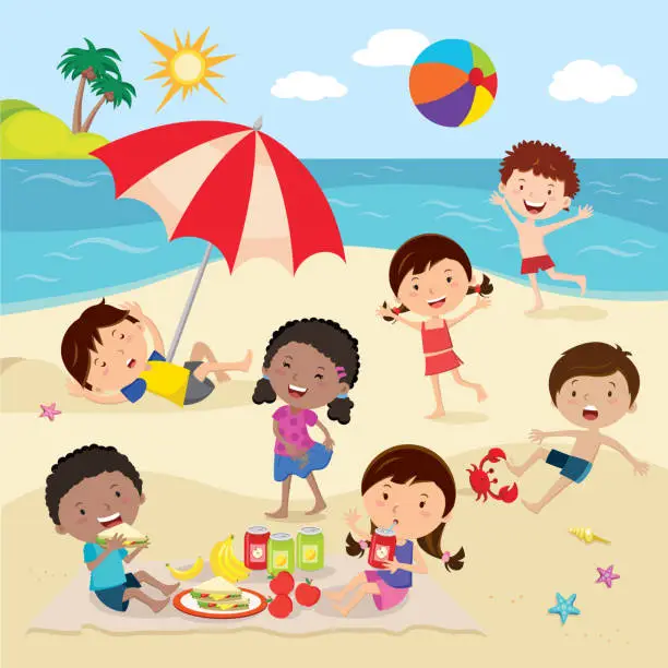 Vector illustration of Happy kids having fun on the beach