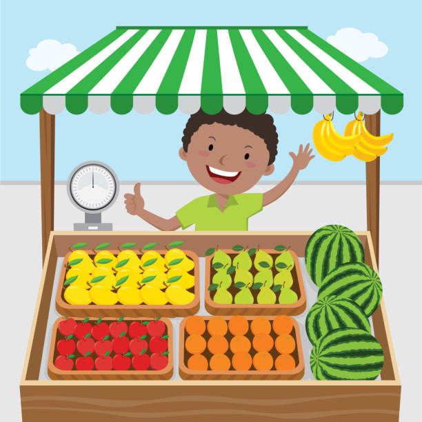 illustrations, cliparts, dessins animés et icônes de vendeur de fruits - fruits et légumes
