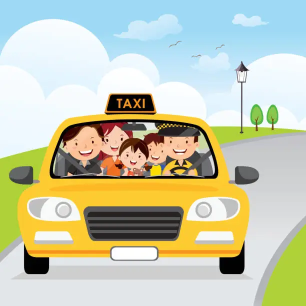 Vector illustration of Family traveling in a taxi cab