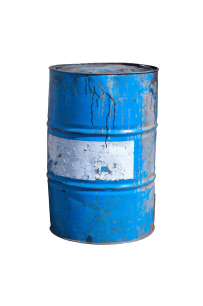 istock Old blue oil barrel isolated on white background 869693308