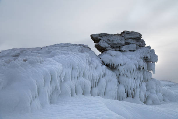Ice dragon from frozen rock in fog, fantastic winter landscape
