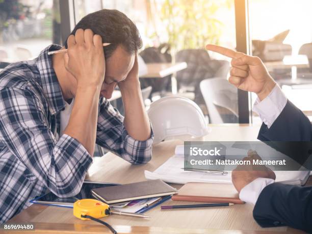 Bossmanagerbusinessman Complaining To Engineerarchitectemployee By Pointing To Him For Mistake Work Stressed Feeling Stock Photo - Download Image Now