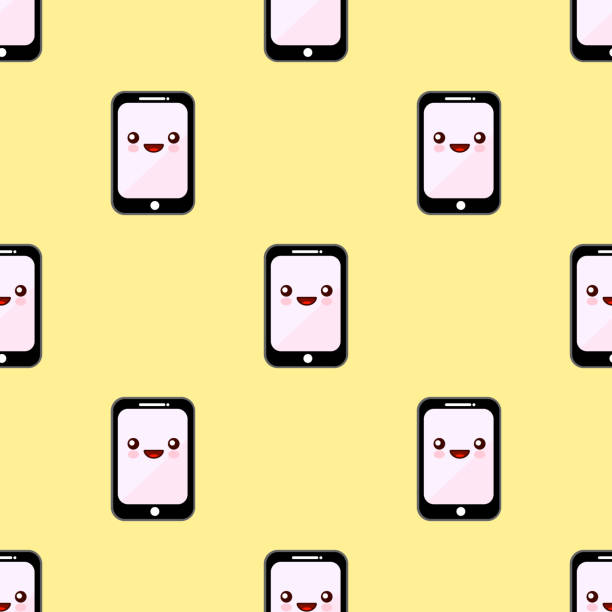 istock Seamless pattern smartphone cartoon characters funny faces. Set of Kawaii cheerful mobiles Flat design Vector Illustration 869695564