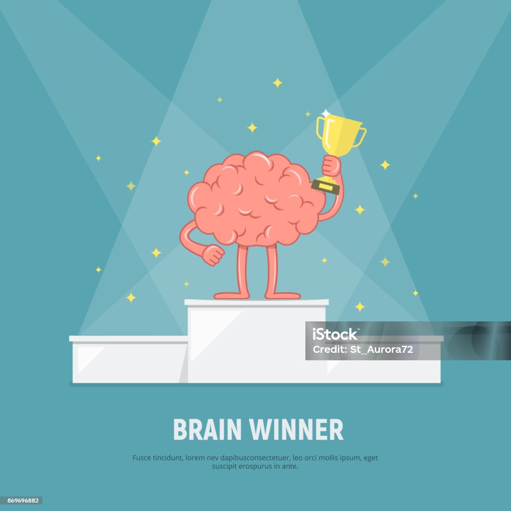 Cerebro de dibujos animados se encuentra en el podio de ganadores. Cerebro con la taza de los ganadores. Éxito del concepto. - arte vectorial de Podio del ganador libre de derechos
