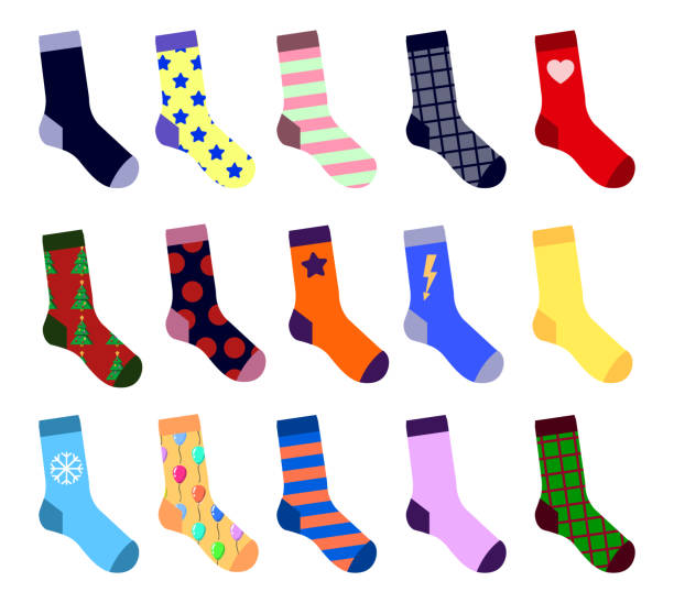 bunte socken-set. mit bild. flache design vektor-illustration - strümpfe stock-grafiken, -clipart, -cartoons und -symbole