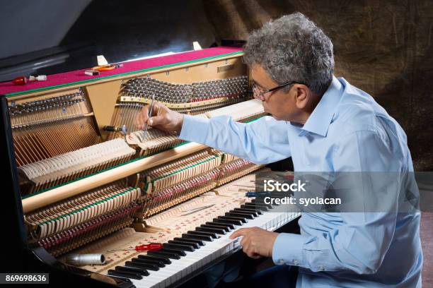 Instrument Technician Tuning Piano Stock Photo - Download Image Now - Piano Tuner, Piano, Repairing