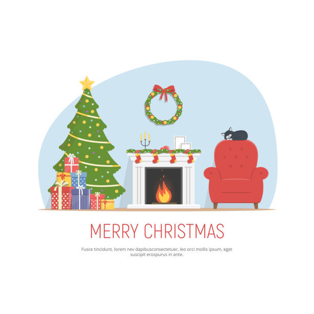 ilustrações de stock, clip art, desenhos animados e ícones de christmas decorated living room. cozy room with fireplace, red armchair, christmas tree and pile gifts. christmas background in flat style. - fire place