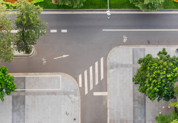 empty urban crossroad vertical aerial view