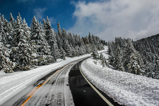 Snow is slowly melting during the spring in the Rockies. near Echo Lake on Squaw Pass Road