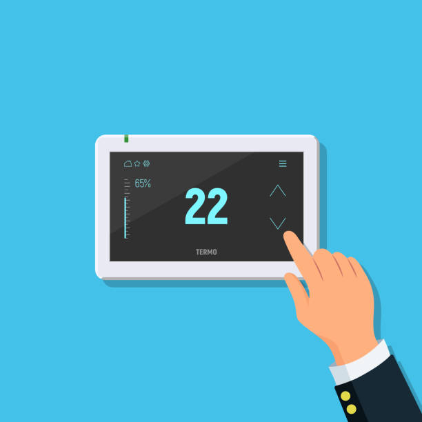 ilustrações de stock, clip art, desenhos animados e ícones de modern digital touchscreen thermostat. close-up of person hand with temperature controller. - thermostat