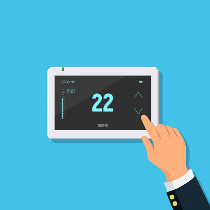 Modern digital touchscreen thermostat. Close-up of person hand with temperature controller. Concept air conditioning and smart home. Vector illustration in flat style.