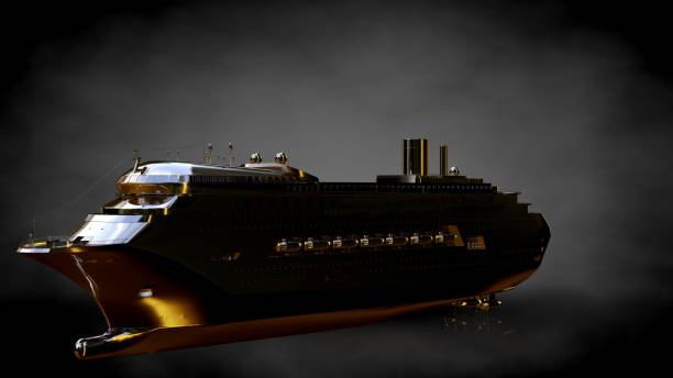 istock 3d rendering of a golden ship on a dark background 869703404