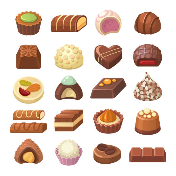 illustrazioni stock, clip art, cartoni animati e icone di tendenza di collezione caramelle al cioccolato. - heart shape snack dessert symbol