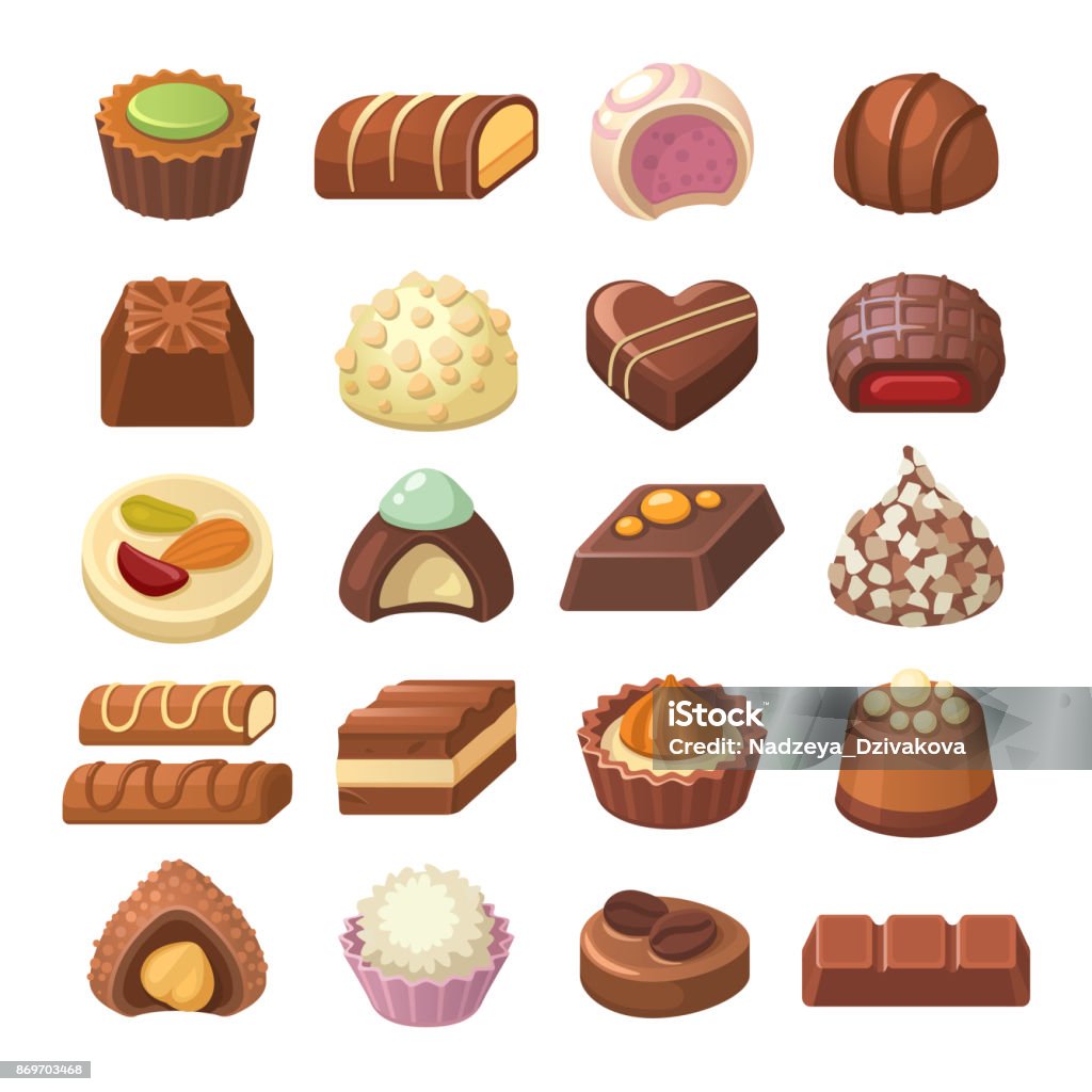 Chocolate candies collection. Vector illustration of different shapes and kinds of chocolate candies, such as truffle and praline. Isolated on white background. Chocolate stock vector
