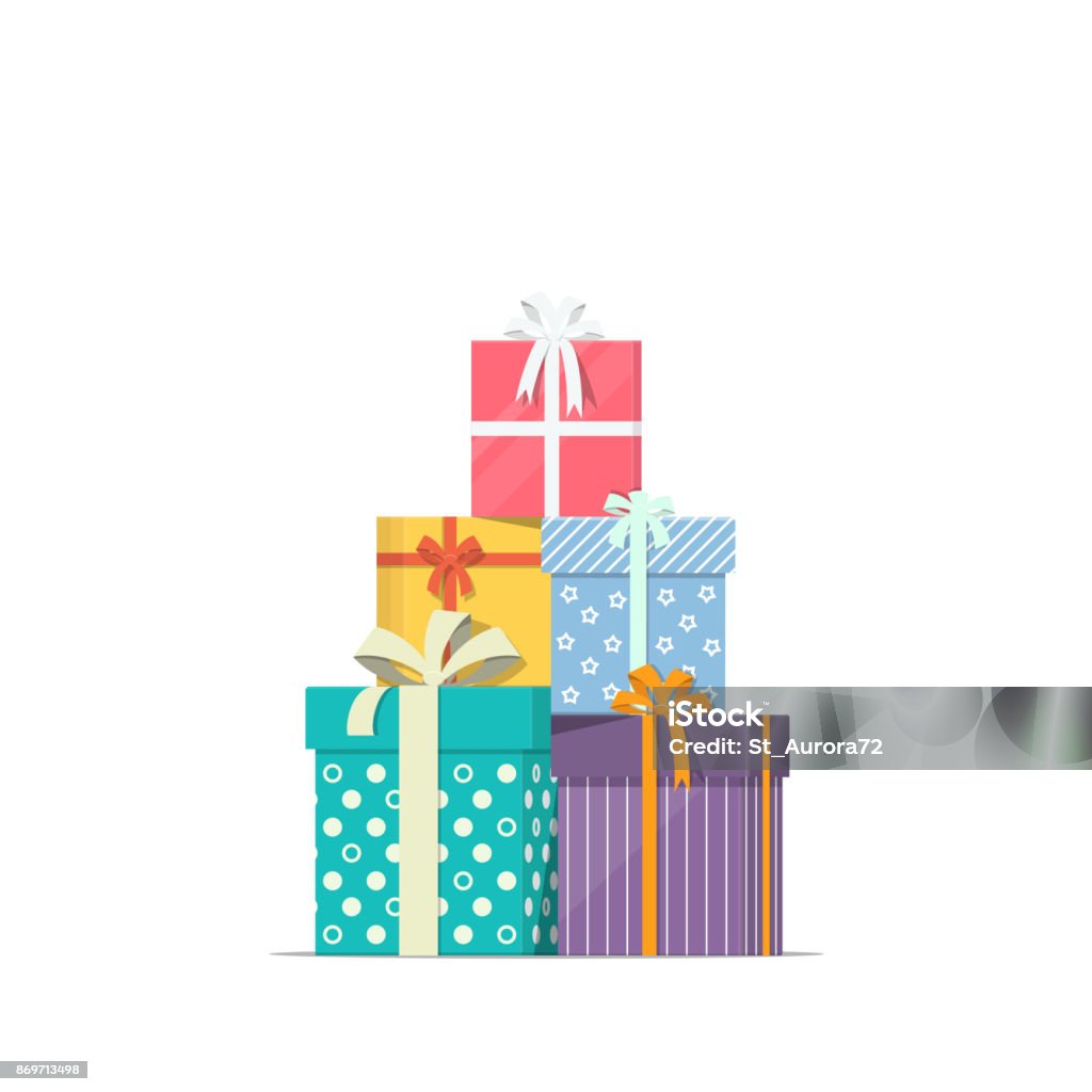 Scatole regalo impilate in stile piatto. Concept design della vendita di sconti vacanza. Icona di Pile of Presents. - arte vettoriale royalty-free di Regalo di Natale