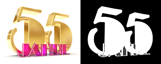 Number fifty five years (55 years) celebration design. Anniversary golden number template elements for your birthday party. Translated from the German - years. 3D illustration