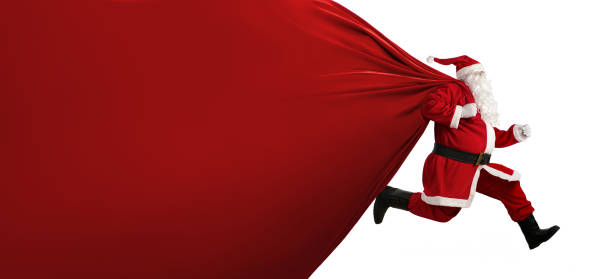 Santa Claus with a huge bag on the run Santa Claus on the run to delivery christmas gifts isolated on white background. Easy to extend the bag into a ad banner giant fictional character photos stock pictures, royalty-free photos & images