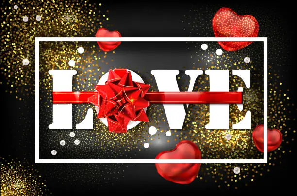 Vector illustration of Love with red big bow on a black background with glow and glitter. A sign expressing love. White letters tied with ribbon. Greeting card for the holiday Valentine s Day. Vector banner, 10 EPS.