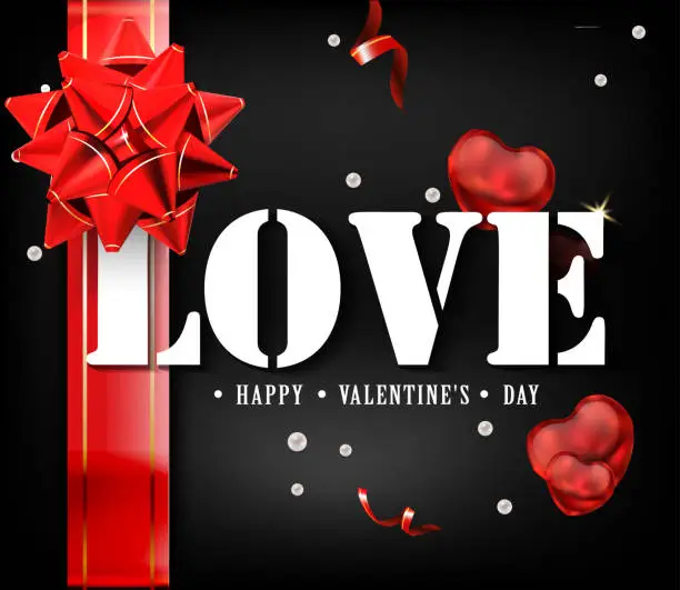 Vector illustration of Love with red big bow on a black background with glow and glitter. A sign expressing love. White letters tied with ribbon. Beautiful luxury holiday background with 3D gold gift bow. Vector