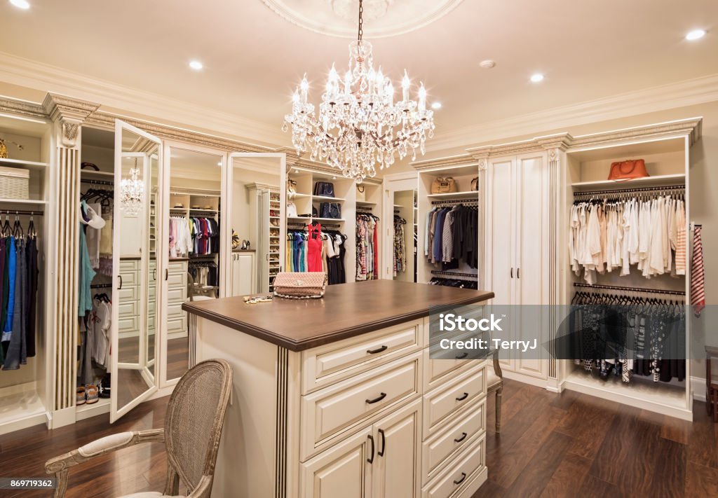 Beautiful custom closet in an estate home Closet Stock Photo