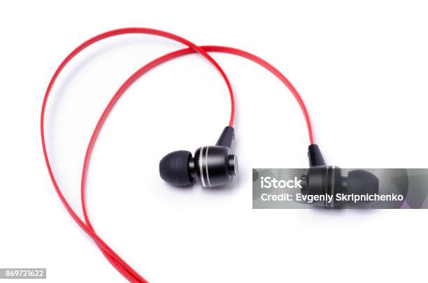 Red Earphones On A White Background Stock Photo - Download Image Now - Arts Culture and Entertainment, Black Color, Bud