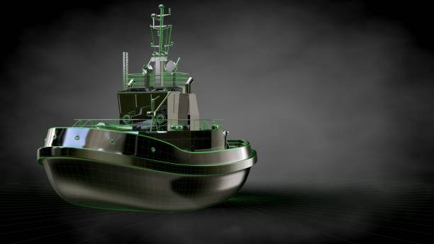 istock 3d rendering of a reflective ship with green outlined lines as blueprint on dark background 869723004