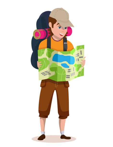 ourist backpacker besitz karte und auf der suche nach touristischen route - hiking backpacker adventure backpack stock-grafiken, -clipart, -cartoons und -symbole