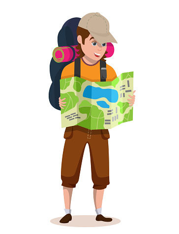Tourist backpacker young boy holds map and exploring touristic route. Vector illustration isolated on white background