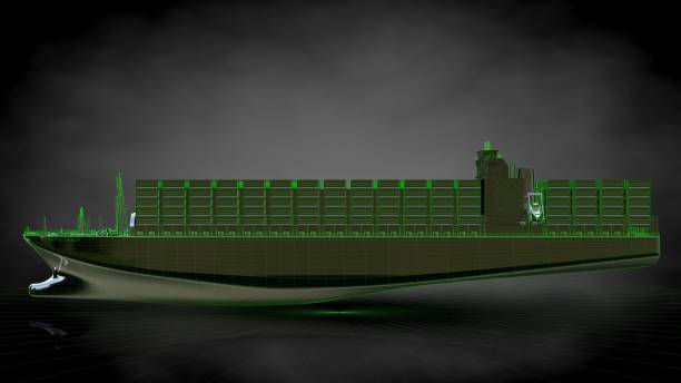istock 3d rendering of a reflective huge cargo ship with green outlined lines as blueprint on dark background 869726572