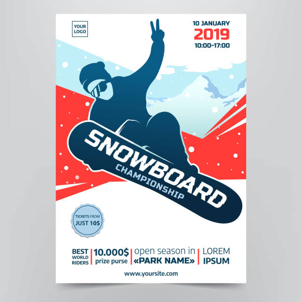 ilustrações, clipart, desenhos animados e ícones de conceito de panfleto campeonato snowboard. cartaz do concurso com silhueta snowboarder em fundo abstrato de inverno. esporte de inverno extremo. aplicável para o projeto do convite, banners, panfletos. vector eps10 - esporte de inverno