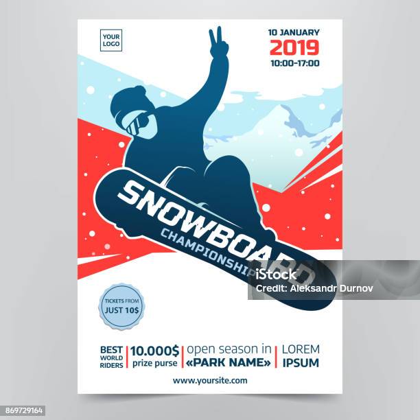 Snowboarding Championship Flyer Concept Contest Poster With Snowboarder Silhouette On Abstract Winter Background Extreme Winter Sport Applicable For Invitation Design Banners Flyers Vector Eps10 Stock Illustration - Download Image Now