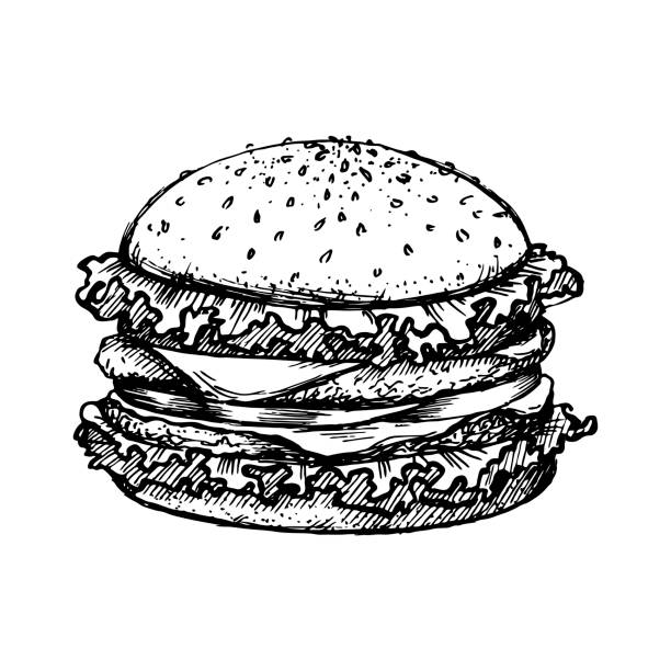 햄버거 또는 햄버거 벡터 로고 디자인 서식 파일을 스케치 합니다. 패스트 푸드, 레스토랑 아이콘 손으로 그린 그림 - milky cheese stock illustrations
