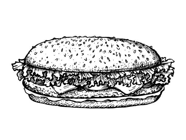 햄버거 또는 햄버거 벡터 로고 디자인 서식 파일을 스케치 합니다. 패스트 푸드, 레스토랑 아이콘 손으로 그린 그림 - milky cheese stock illustrations