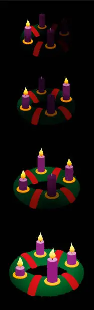 Vector illustration of Advent wreath with one, two, three, four burning candles in chronological order on first, second, third and fourth Sunday of Advent - vector illustration, black background, high size bookmark format.