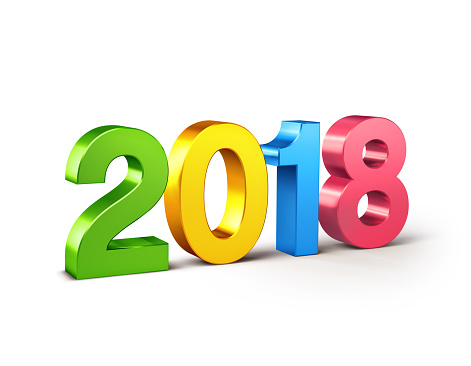 New Year 2018 type, multicolored and isolated on white - 3D illustration