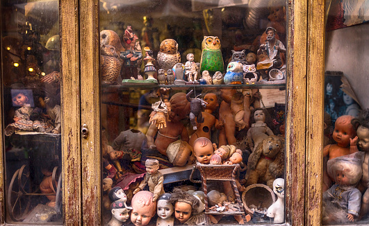 Vintage store window with old toys.