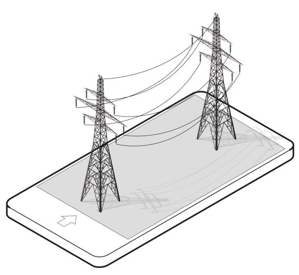 ilustrações de stock, clip art, desenhos animados e ícones de outlined vector high voltage pylons in mobile phone, isometric perspective. - tower isometric communications tower antenna