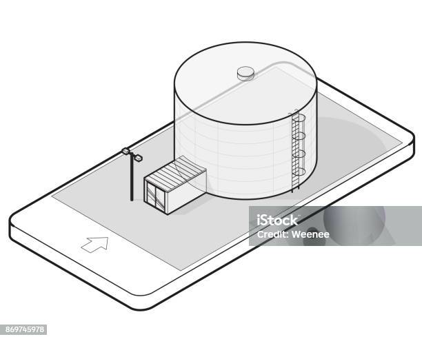 Outlined Grain Silo Isometric Building In Mobile Phone Isometric Perspective Stock Illustration - Download Image Now