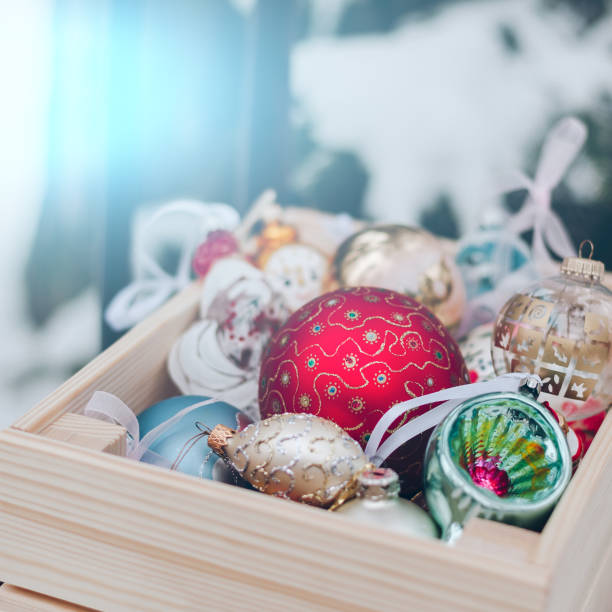 istock Christmas decoration balls in a wooden box 869745980