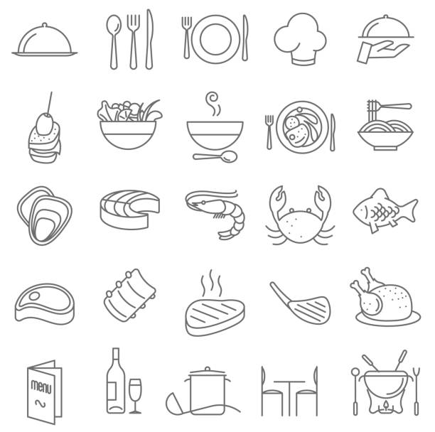 ilustrações de stock, clip art, desenhos animados e ícones de restaurant  thin line icons. - chef appetizer soup food