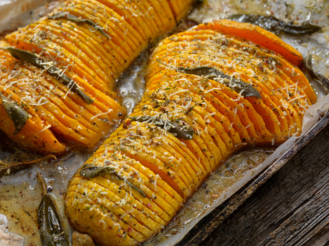Hasselback Butternut Squash with Brown Butter, Sage and Parmesan Cheese
