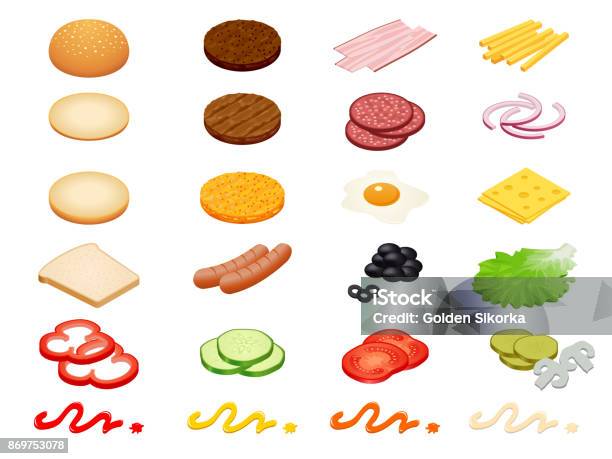 Set Vector Constructor Isometric Burger Ingredients And Burger Buns Isolated On White Background Ham Cheese Egg Onion Tomato Cucumber Mushrooms Radishes Salad Cutlet Potato And Pepper Stock Illustration - Download Image Now