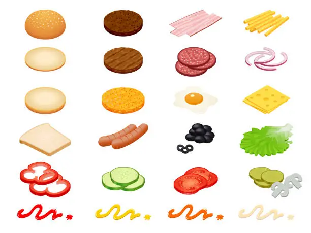 Vector illustration of Set vector constructor isometric Burger ingredients and burger buns isolated on white background. Ham, cheese, egg, onion, tomato, cucumber, mushrooms, radishes, salad, cutlet, potato and pepper