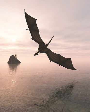 Fantasy illustration of a dragon flying low over a calm ocean in pink evening light, 3d digitally rendered illustration