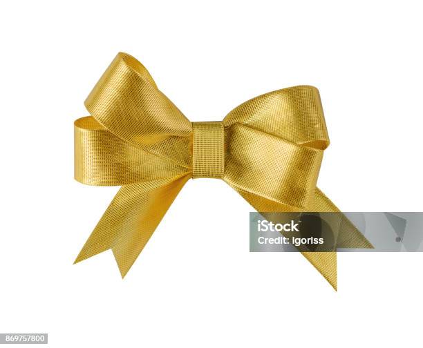 Gold Ribbon Bow Isolated On White Stock Photo - Download Image Now - Tied Bow, Gold - Metal, Gold Colored