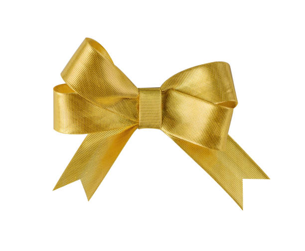 laço de fita ouro isolado no branco - christmas bow gold gift - fotografias e filmes do acervo