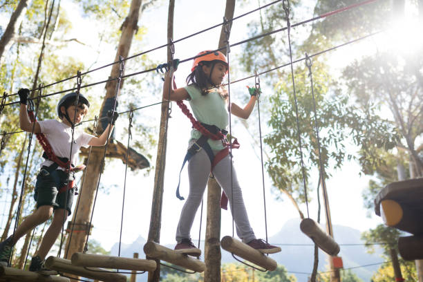 istock Determined kids crossing zip line 869762746
